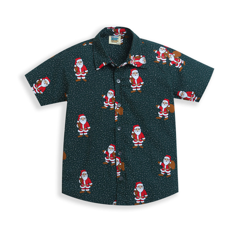 Green All Over SANTA Christmas Print Boys Shirt