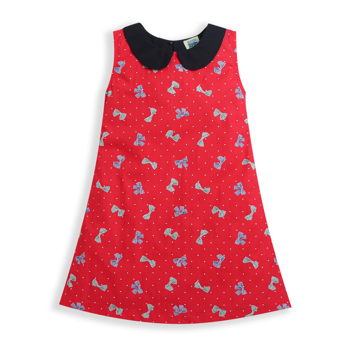 Red & Black All Over Bow Print Sleeveless Girls Christmas Dress