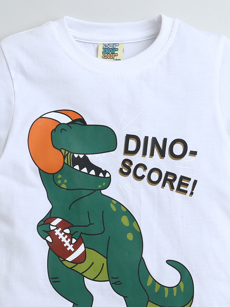 White Half Sleeve Dino Score Print T-shirt & Shorts Co-ord Set