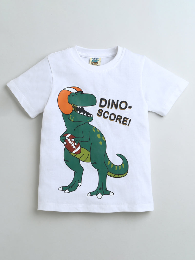 Pack of 2 White-Dino Score & Neon Green-Hello Print Cotton T-shirt