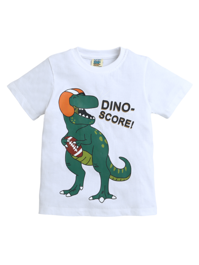 White Dino Score Print Half Sleeve T-shirt for Boys