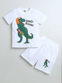 White Half Sleeve Dino Score Print T-shirt & Shorts Co-ord Set