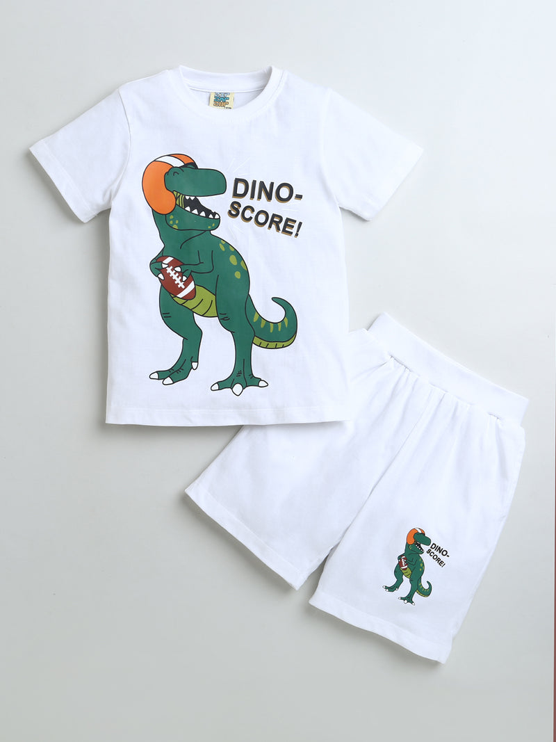 White Half Sleeve Dino Score Print T-shirt & Shorts Co-ord Set