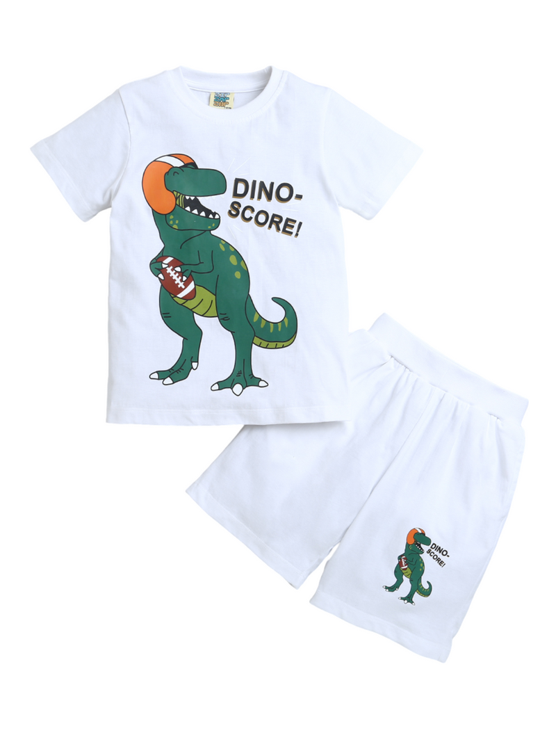 White Half Sleeve Dino Score Print T-shirt & Shorts Co-ord Set