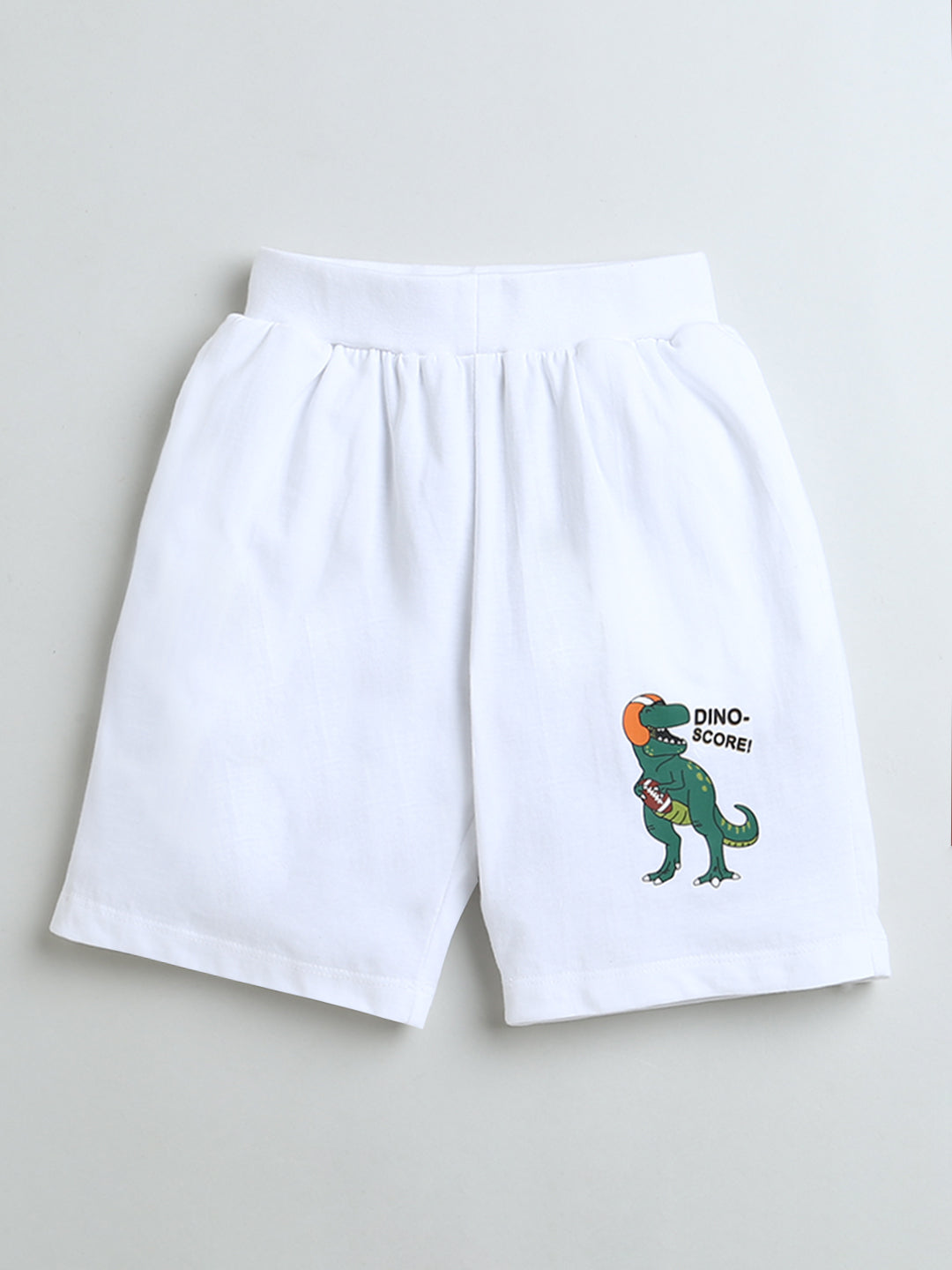 White Dino Score Print Shorts for Boys