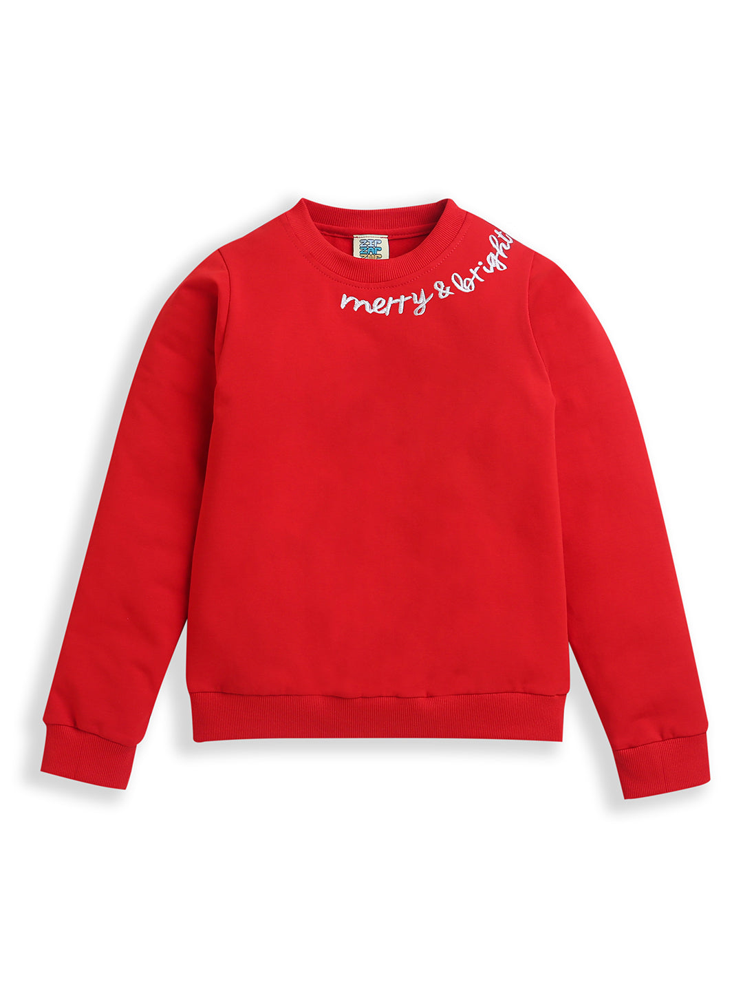 Red Merry & Bright Embroidery Full Sleeve Sweatshirt