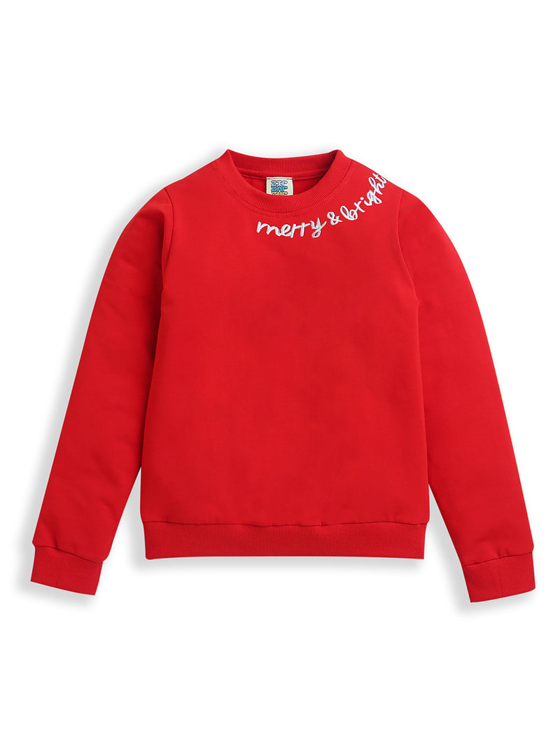 Red Merry & Bright Embroidery Full Sleeve Boys Tshirts Sweatshirt