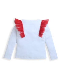 White Full Sleeve Christmas Embroidery Frill design at shoulder Top Girls Sweatshirt