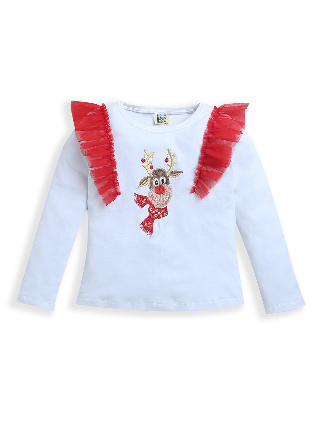 White Full Sleeve Christmas Embroidery Frill design at shoulder Top Girls Sweatshirt