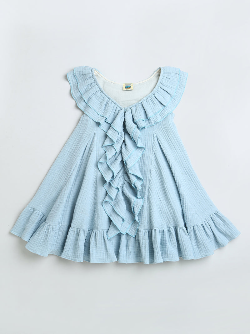 Classy Blue Long Frill Sleeveless Dress