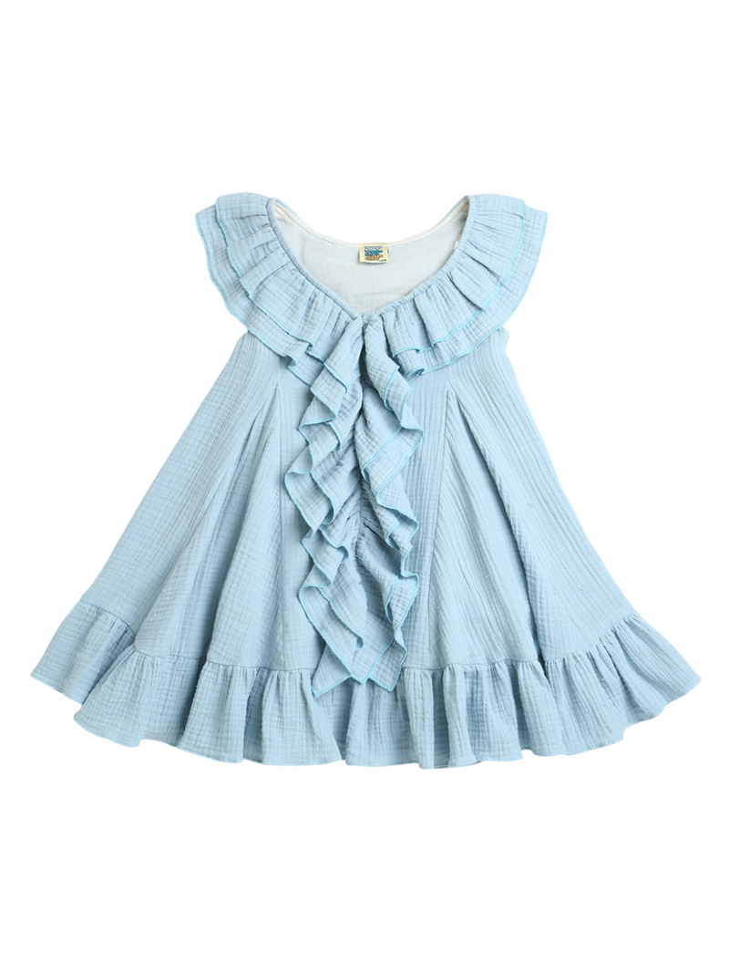 Classy Blue Long Frill Sleeveless Dress