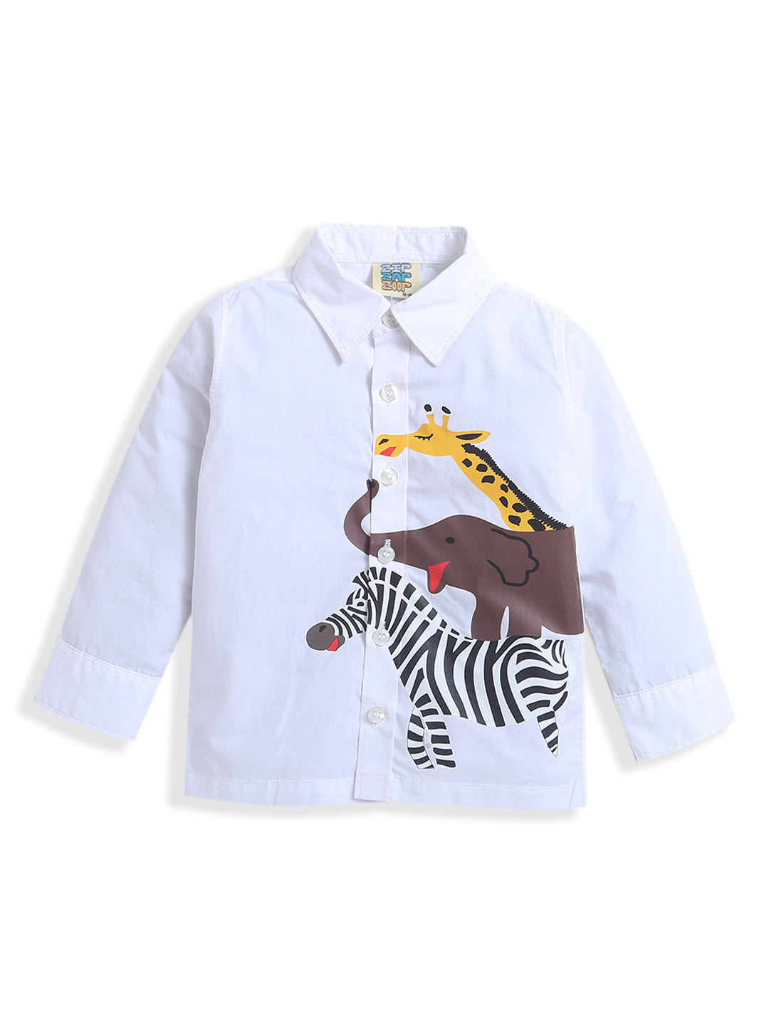 White 3 Animal Print Full Sleeve Collar Neck Baby Boy Cotton Shirt