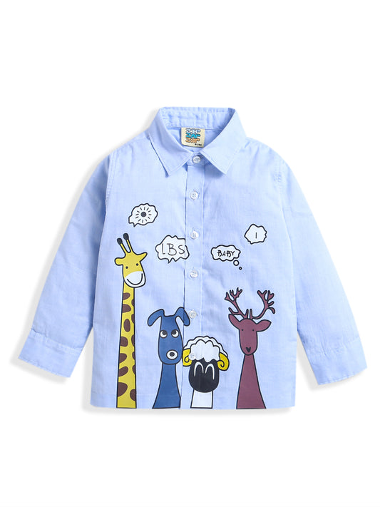 Light Blue 4 Animal Print Full Sleeve Collar Neck Baby Boy Cotton Shirt