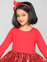 Red Full Sleeve Round Neck Sequined Jersey Girls Christmas Dress