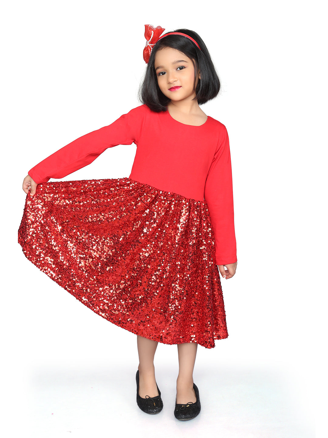 Red Full Sleeve Round Neck Sequined Jersey Girls Christmas Dress