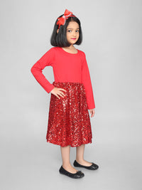 Red Full Sleeve Round Neck Sequined Jersey Girls Christmas Dress