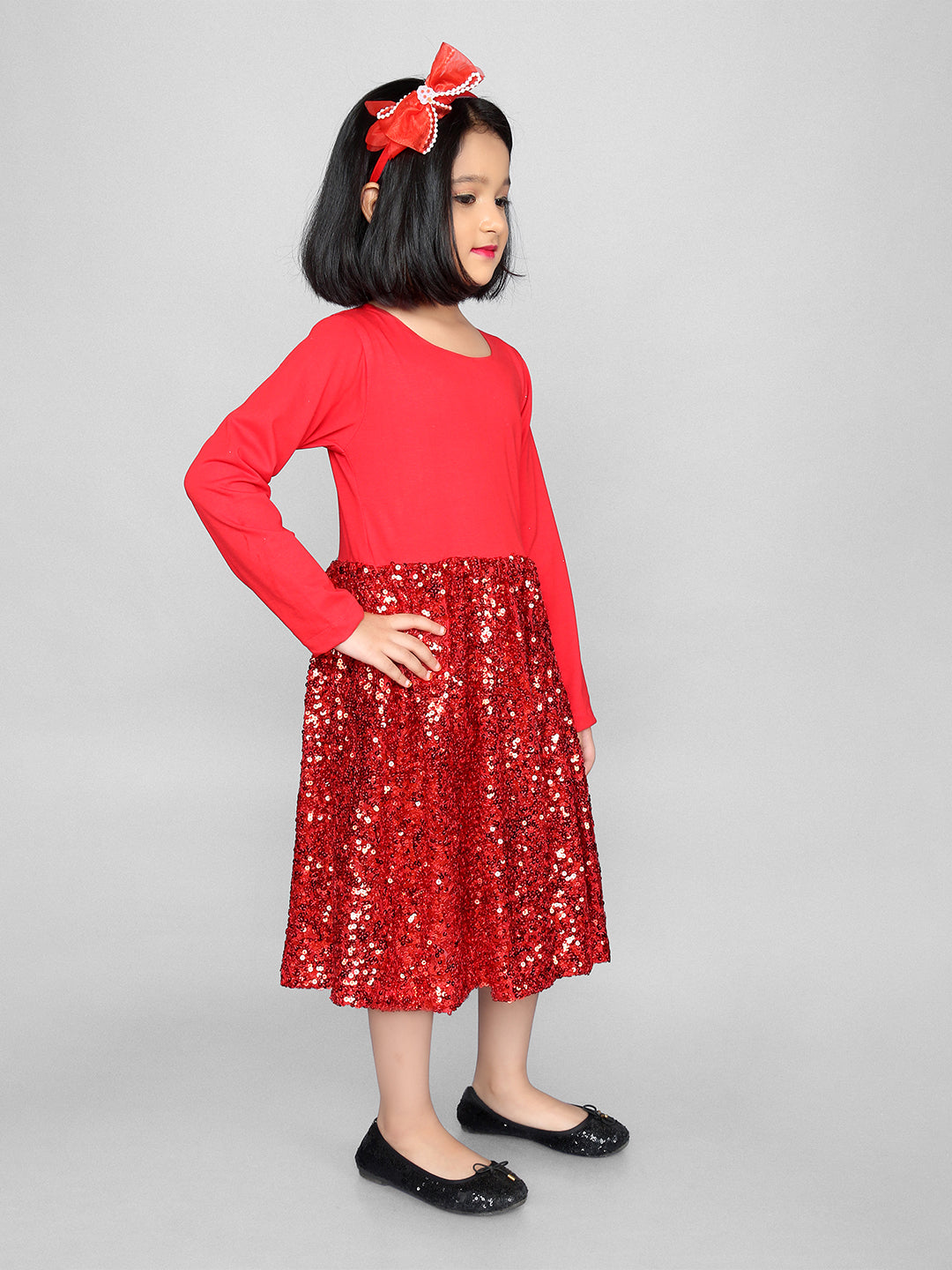 Red Full Sleeve Round Neck Sequined Jersey Girls Dress