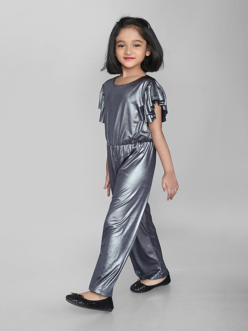 Silver Frill Sleeve Plain Girls Jumpsuit