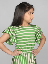 Green White Stripes Frill Short Sleeve Girls Jumpsuit