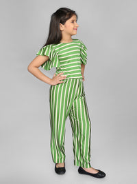 Green White Stripes Frill Short Sleeve Girls Jumpsuit