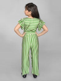 Green White Stripes Frill Short Sleeve Girls Jumpsuit