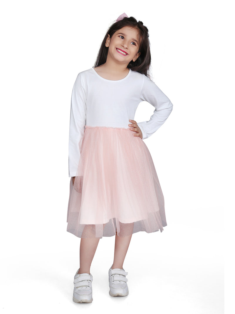 Pink and White Long Sleeve Tulle Skirt Girls Dress