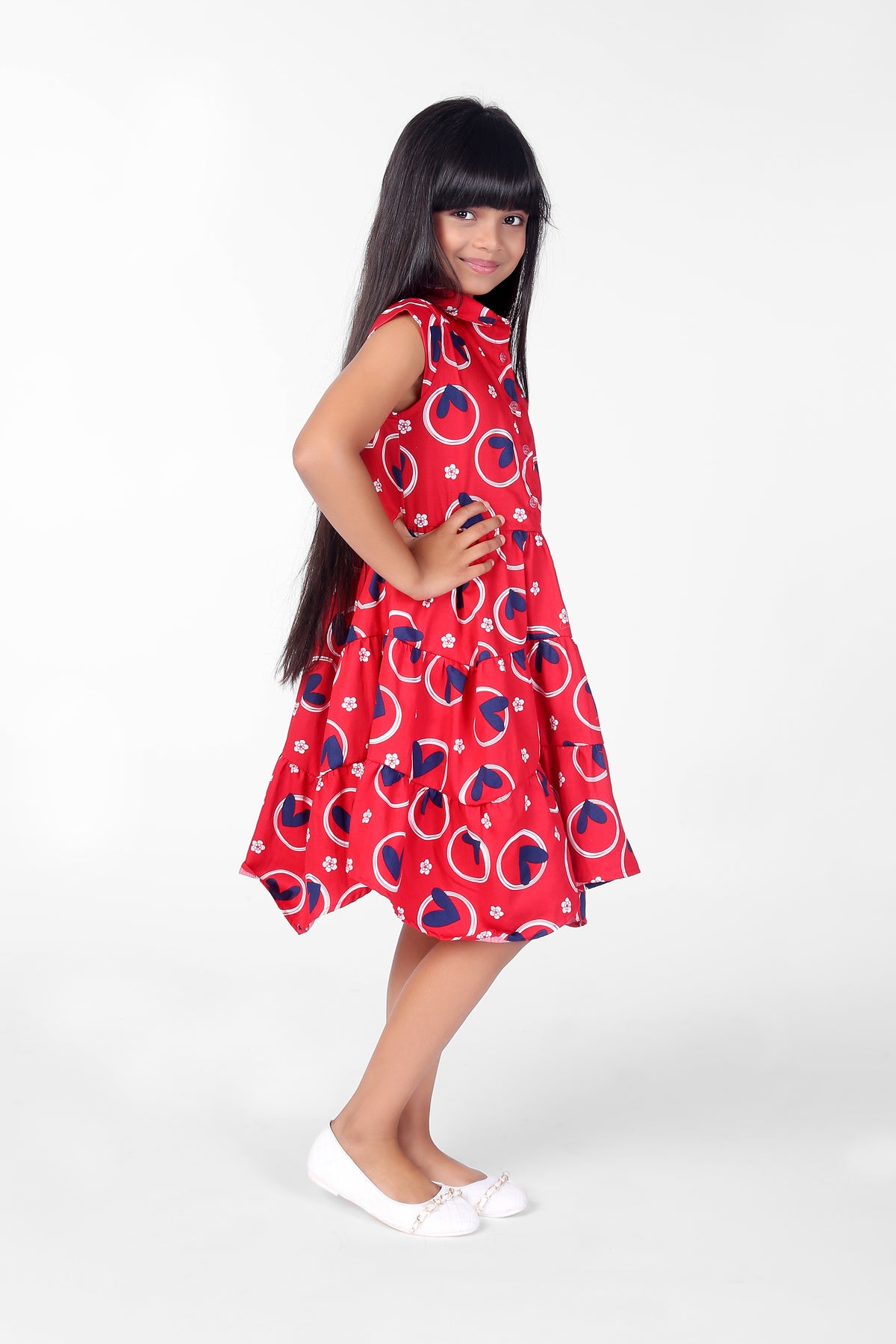 Pink and Blue Sleeveless Cotton Heart Printed Collar Girls Dress