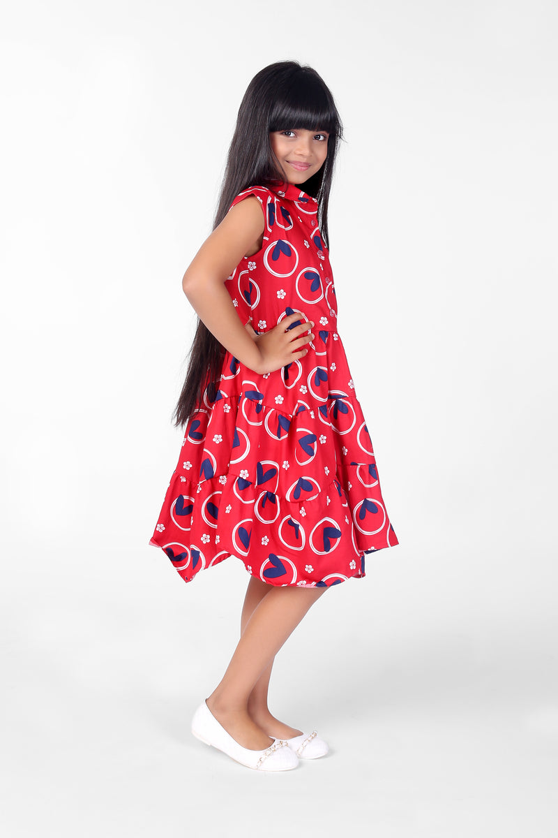 Pink and Blue Sleeveless Cotton Heart Printed Collar Girls Dress