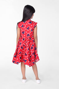 Pink and Blue Sleeveless Cotton Heart Printed Collar Girls Dress