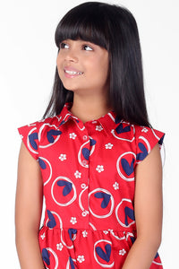 Pink and Blue Sleeveless Cotton Heart Printed Collar Girls Dress