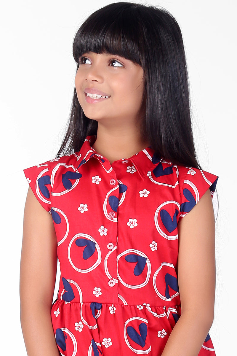 Pink and Blue Sleeveless Cotton Heart Printed Collar Girls Dress