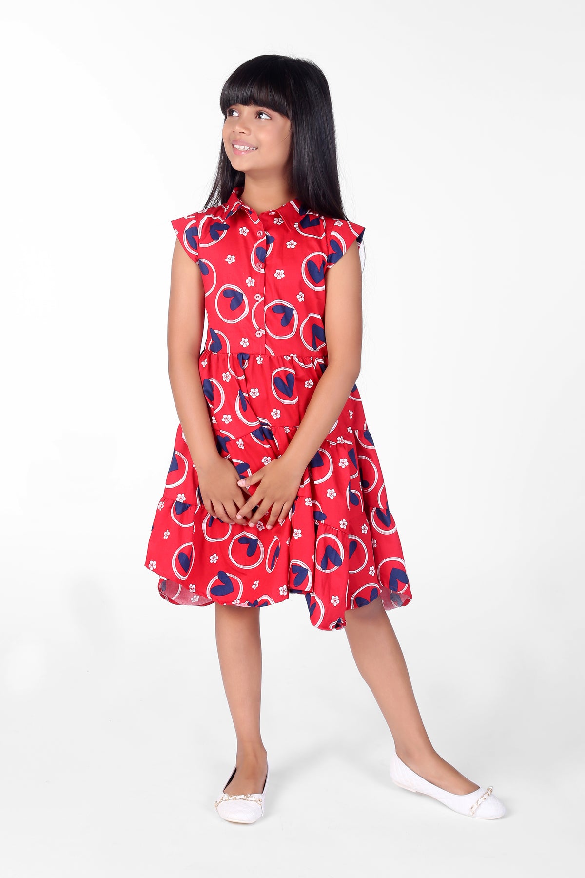 Pink and Blue Sleeveless Cotton Heart Printed Collar Girls Dress