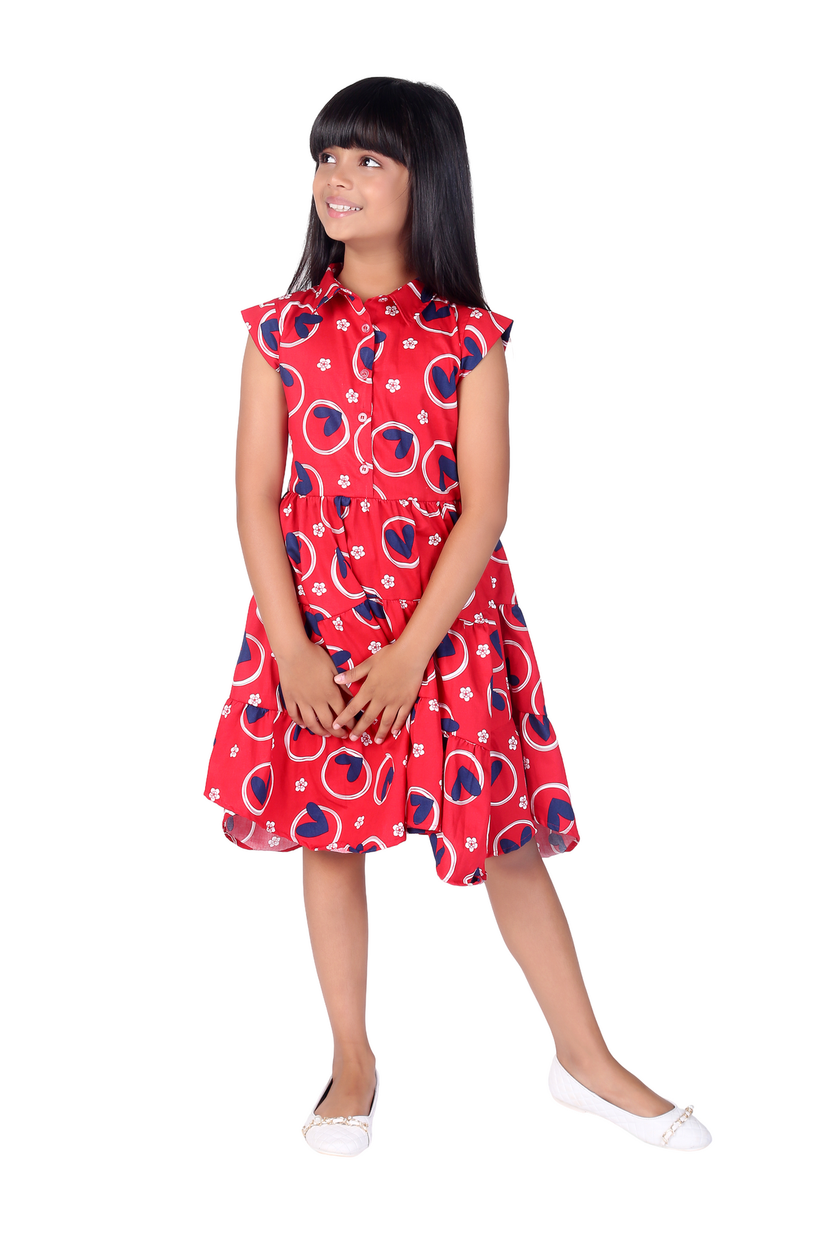 Pink and Blue Sleeveless Cotton Heart Printed Collar Girls Dress