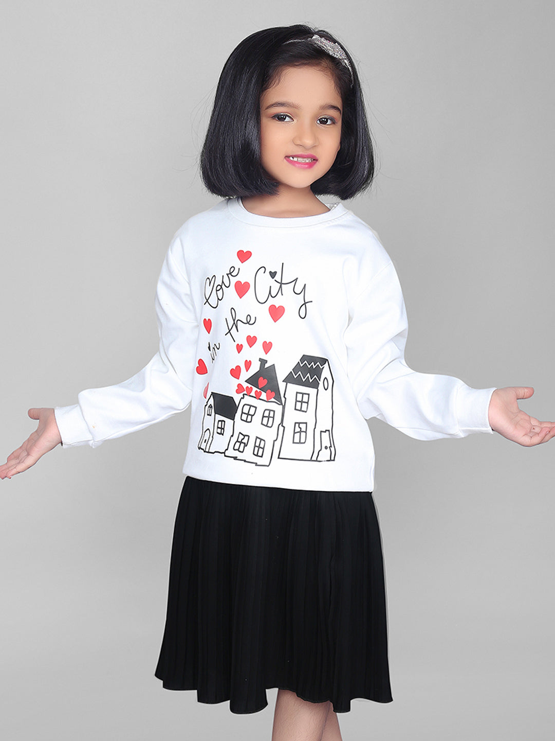 Girls White and Black Love in the City Printed T-Shirt and Skirt Co-ord Set