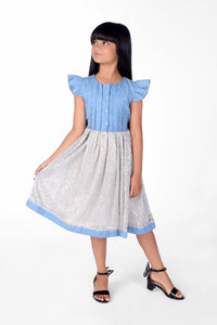 Blue and White Pleated Dress With Frill Sleeves