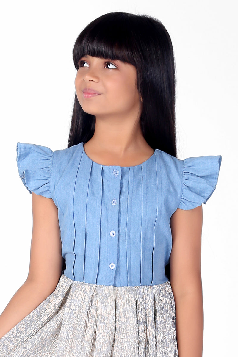 Blue and White Pleated Dress With Frill Sleeves