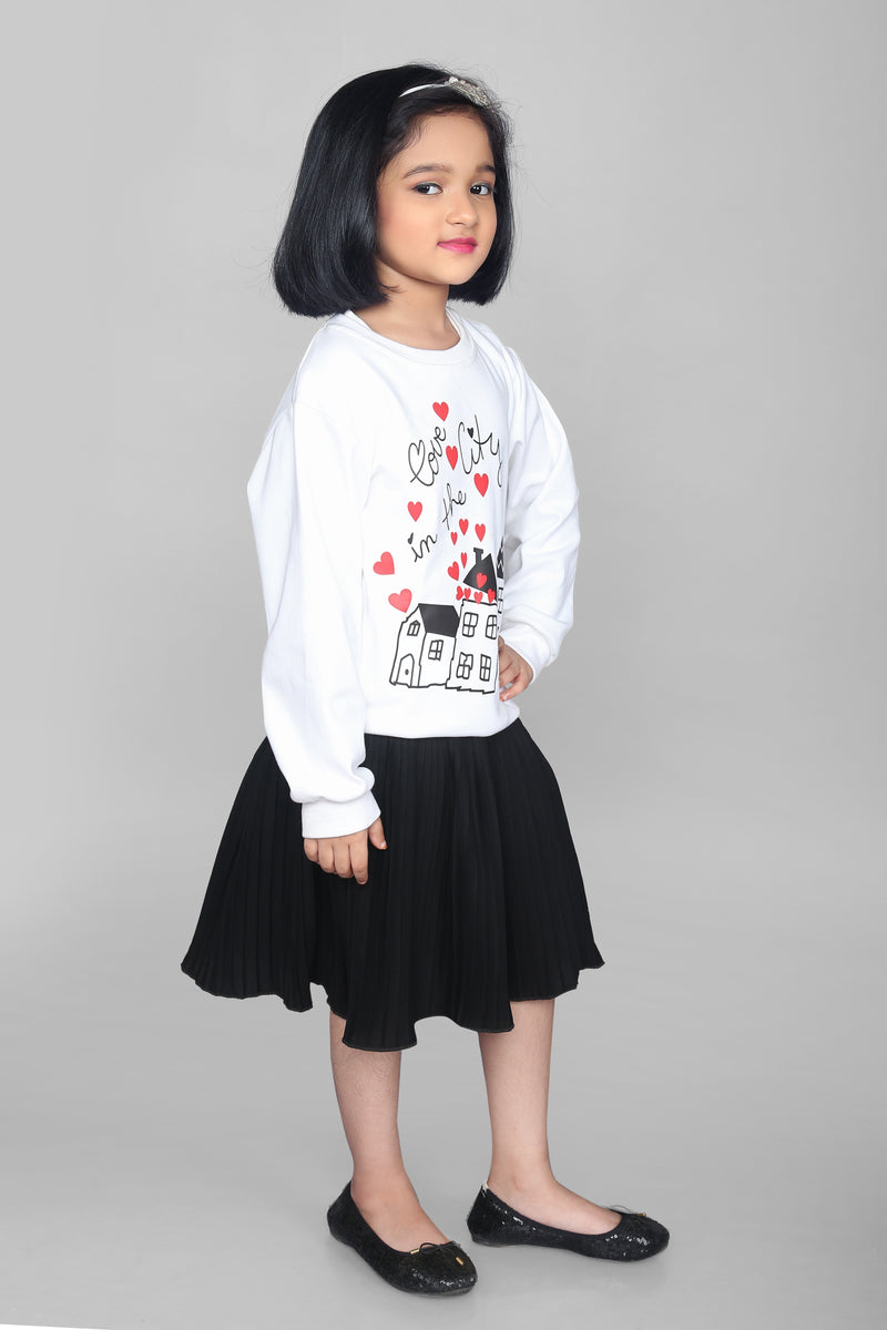 Girls White and Black Love in the City Printed T-Shirt and Skirt Co-ord Set