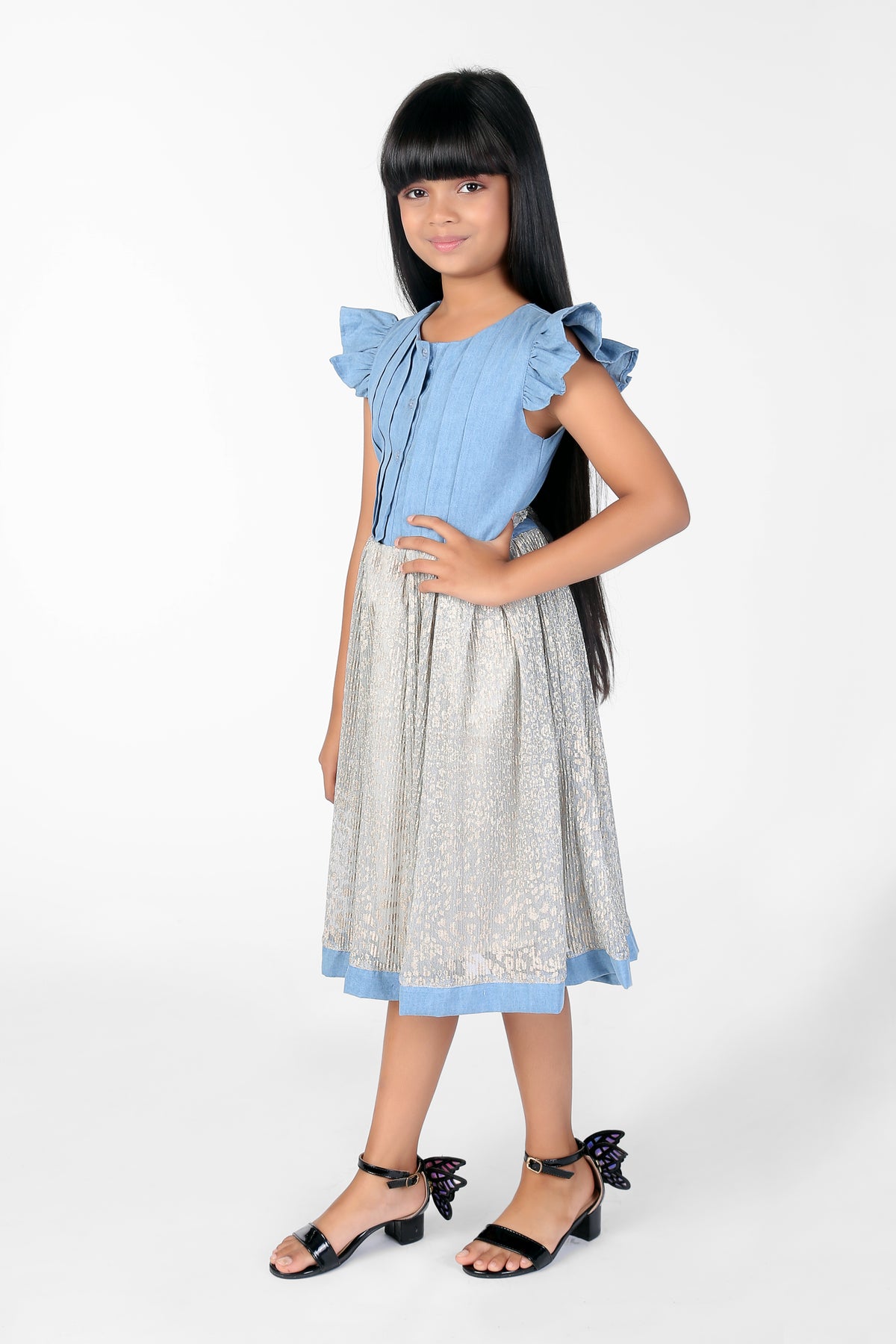 Blue and White Pleated Dress With Frill Sleeves