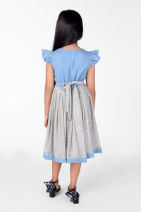 Blue and White Pleated Dress With Frill Sleeves