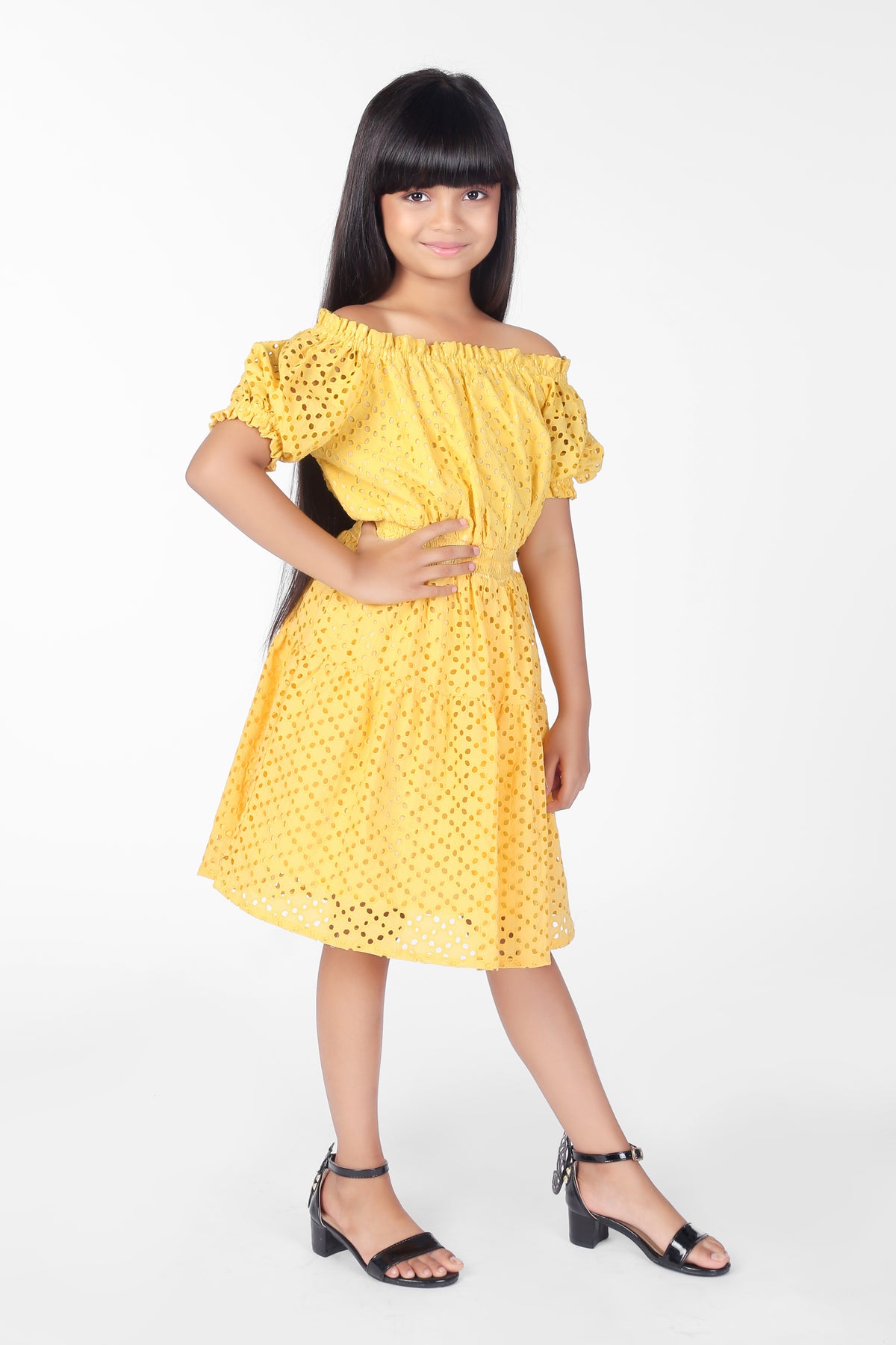 Yellow Schiffli Cotton Cutout Summer Girls Dress