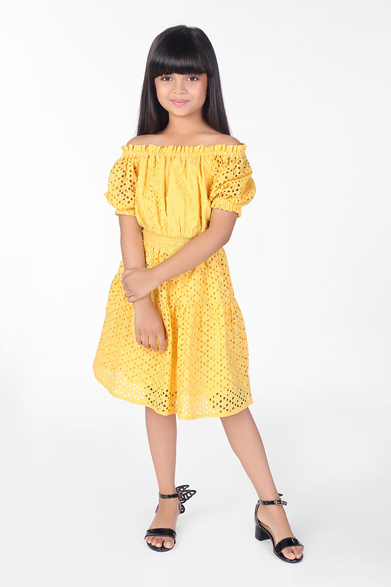 Yellow Schiffli Cotton Cutout Summer Girls Dress