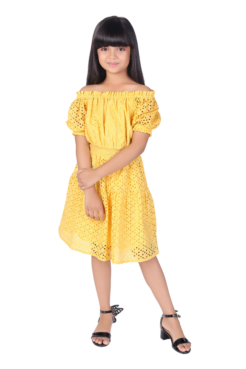 Yellow Schiffli Cotton Cutout Summer Girls Dress