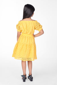 Yellow Schiffli Cotton Cutout Summer Girls Dress