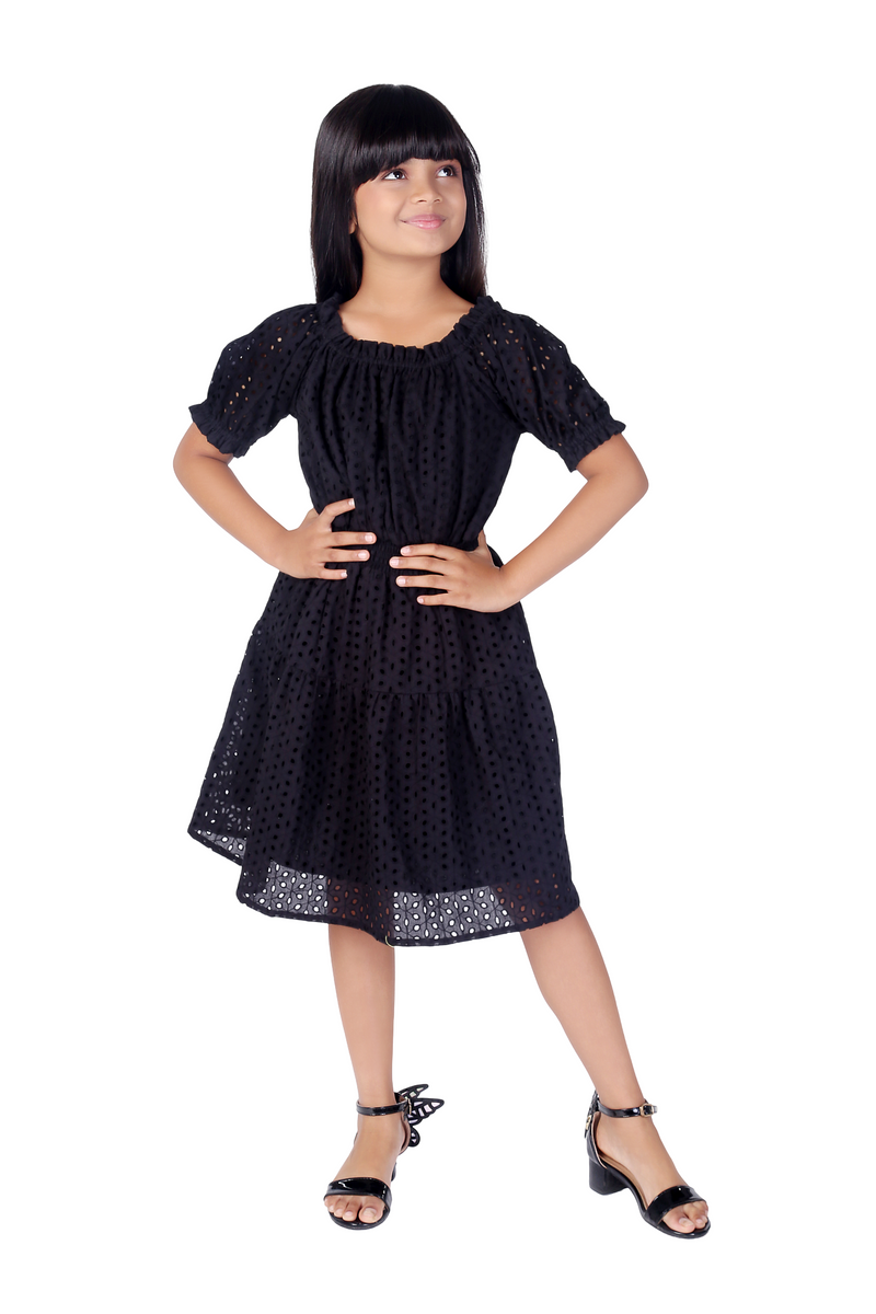 Black Schiffli Cotton Cutout Summer Dress