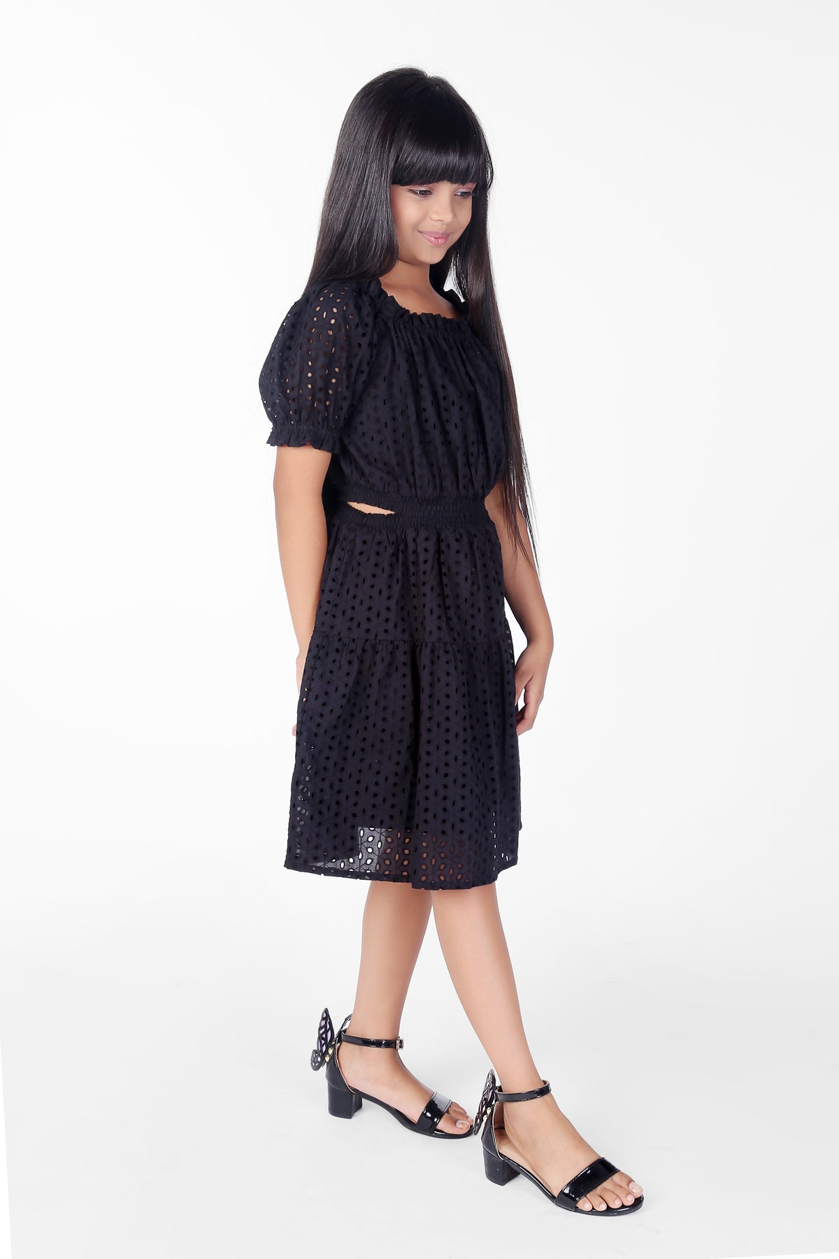 Black Schiffli Cotton Cutout Summer Dress