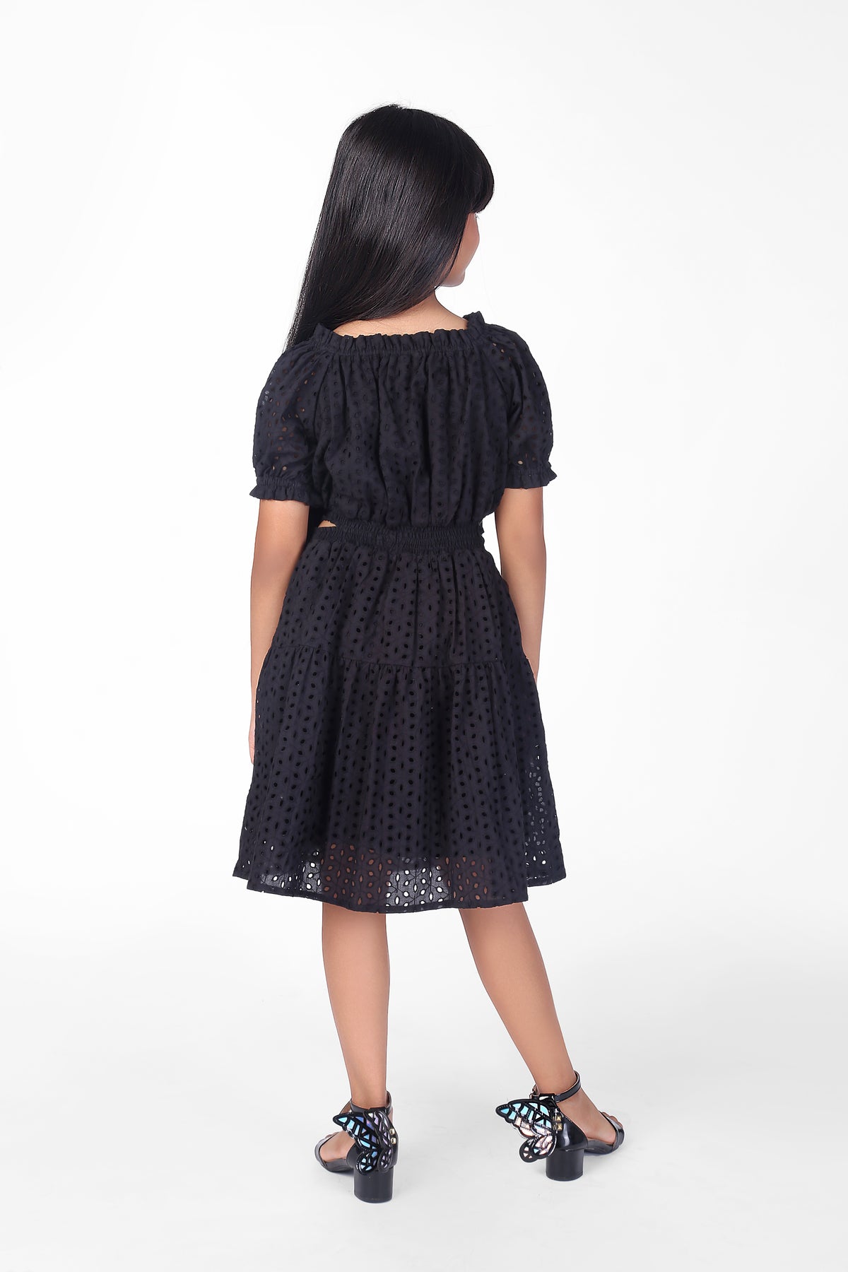 Black Schiffli Cotton Cutout Summer Dress