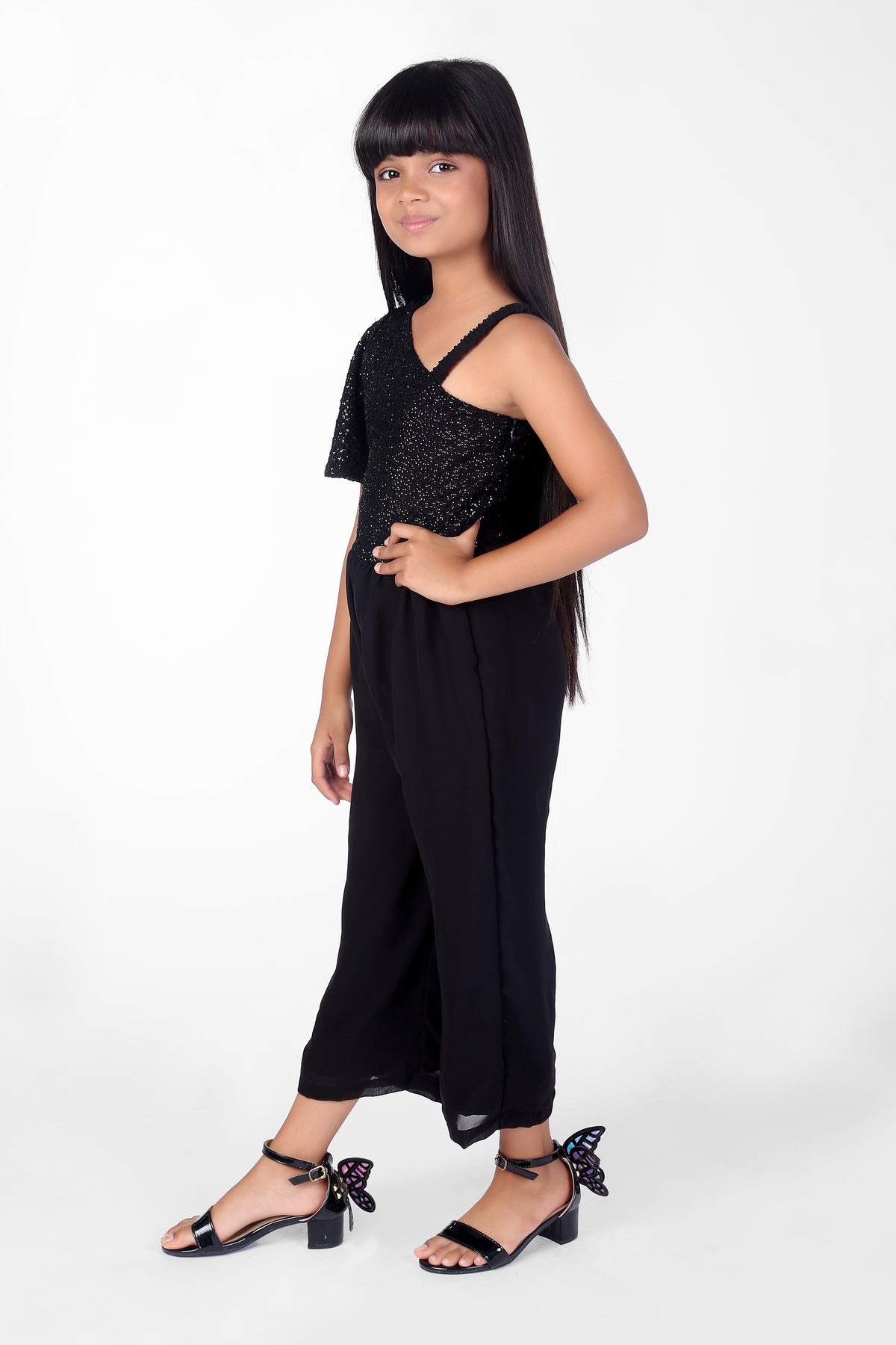 Black Self Designed Short one Sided Sleeve Jumpsuits