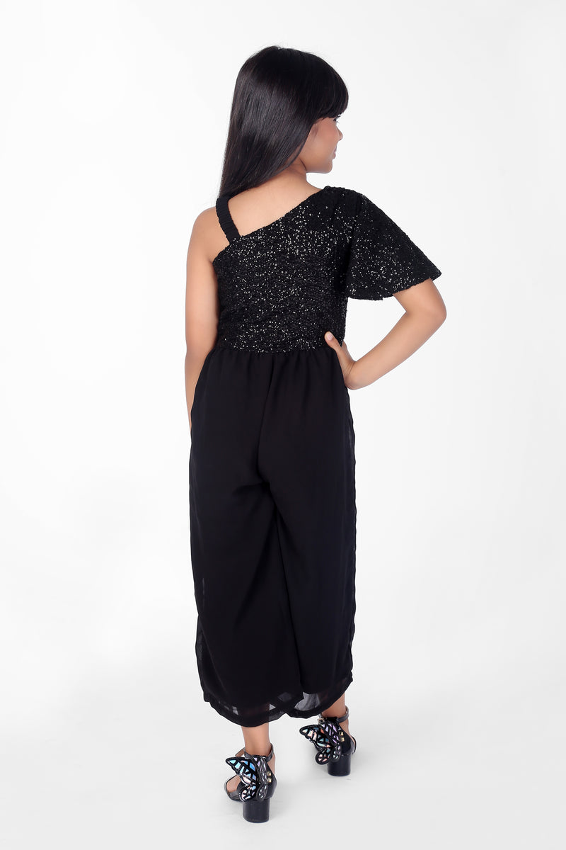 Black Self Designed Short one Sided Sleeve Jumpsuits