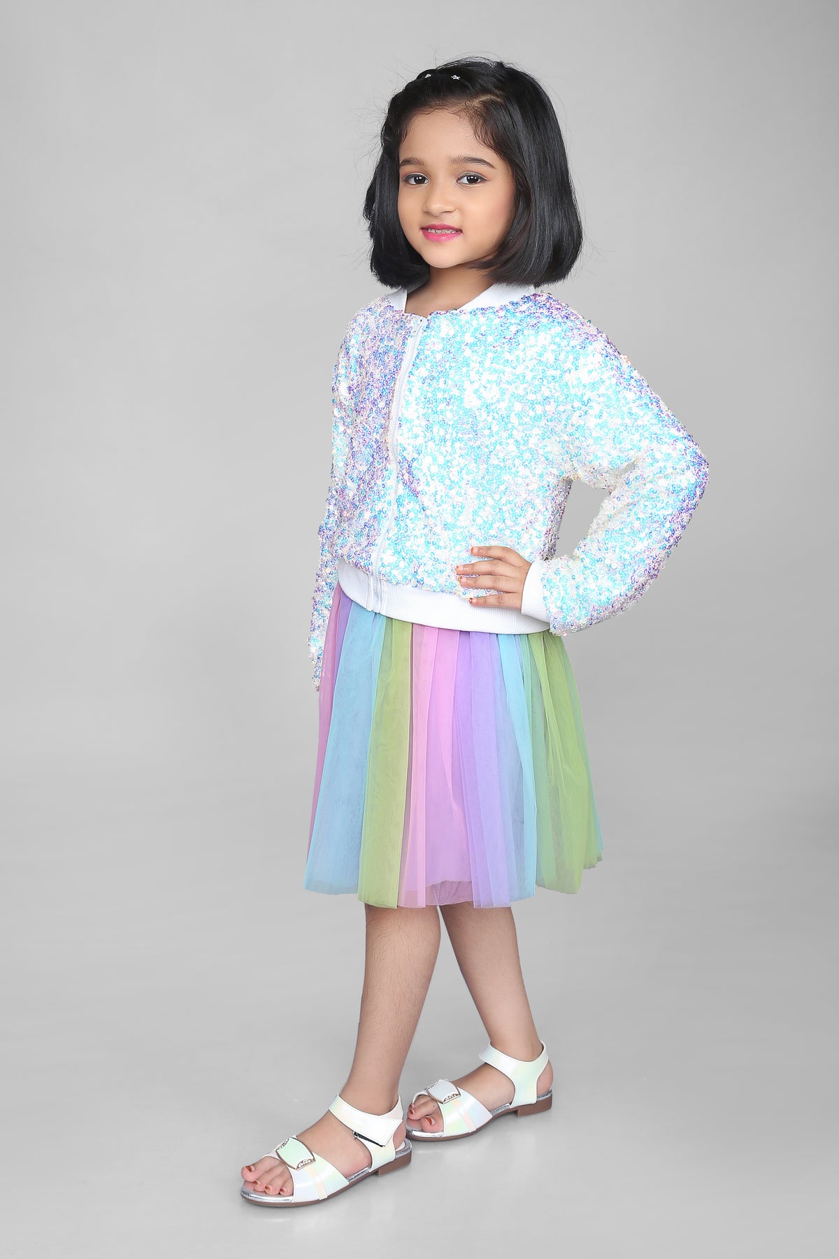 White Zipper with Rainbow Color Skirt Full Sleeve Jersey Knit Co-ord Set