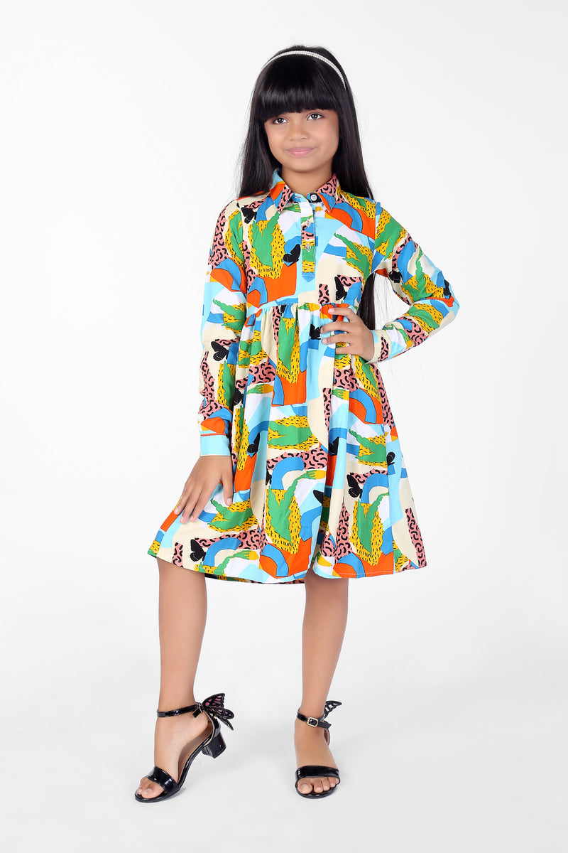 Multicolor Abstract Print Multi-Color Full-Sleeve Girls Dress with Collar